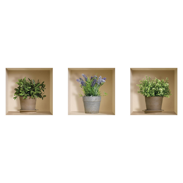 NISHA - Dcoration Stickers Illusion 3D Pots de fleurs 32cmx32cm - Lot de 3
