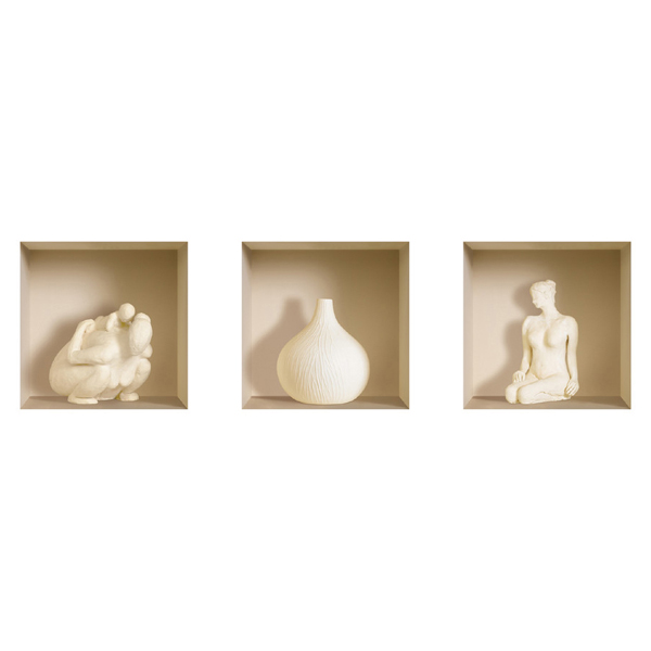 NISHA - Dcoration Stickers Illusion 3D Statues blanches 32cmx32cm - Lot de 3